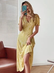 小碎花後繫帶A字型洋裝 - 黃色 - 查看 1