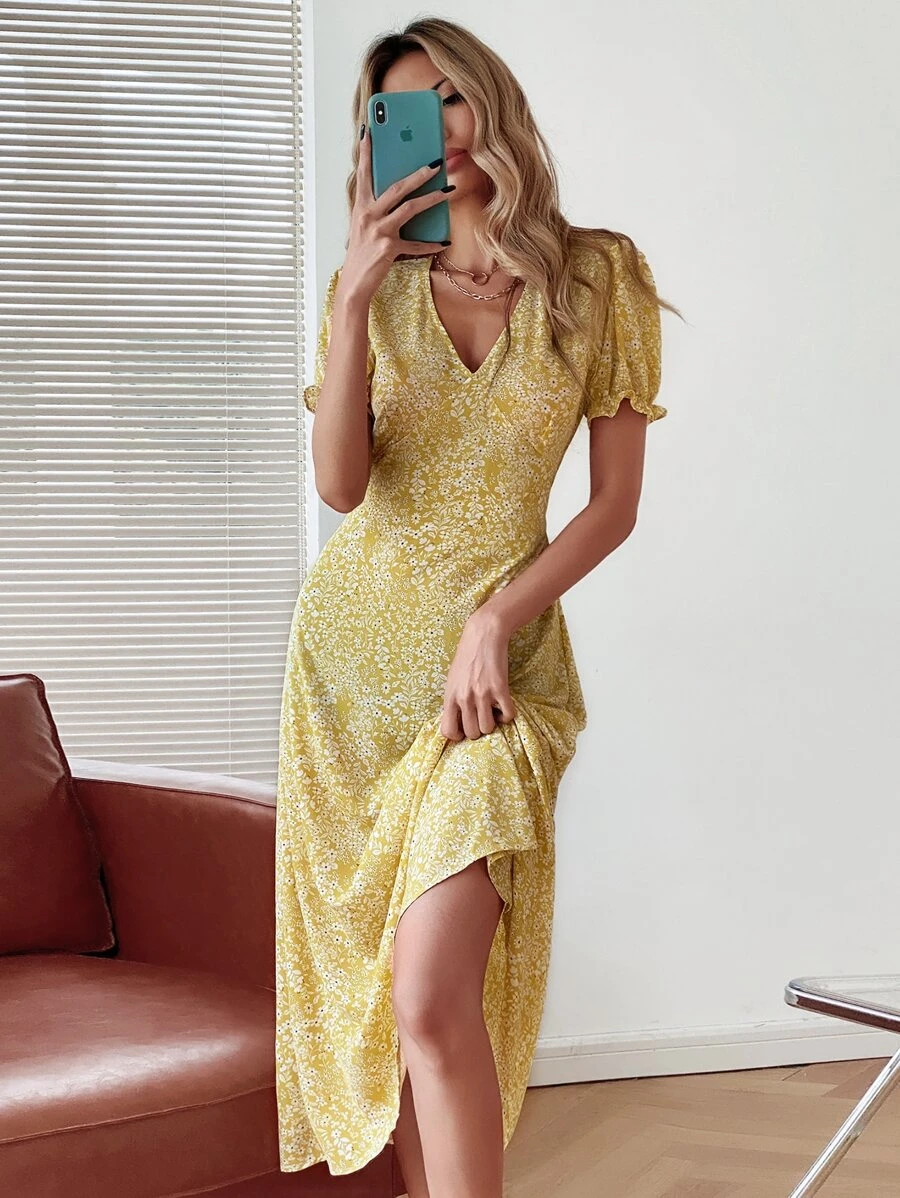 小碎花後繫帶A字型洋裝 - 黃色 - 查看 1