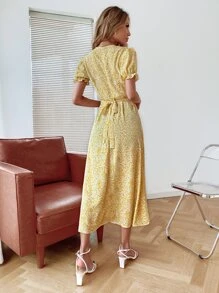 小碎花後繫帶A字型洋裝 - 黃色 - 查看 2