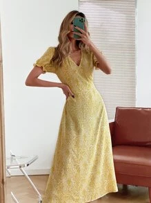 小碎花後繫帶A字型洋裝 - 黃色 - 查看 4