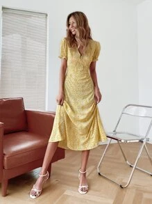 小碎花後繫帶A字型洋裝 - 黃色 - 查看 7