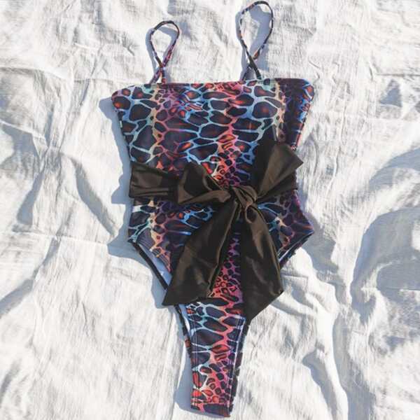 

Snakeskin Pattern Tie Waist One Piece Swimsuit, Multicolor