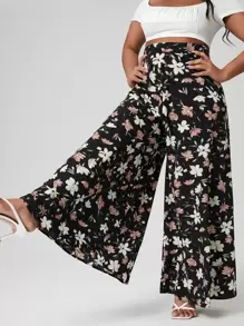 Calvaya Plus Wide Leg Floral Print Trousers - Black - View 1