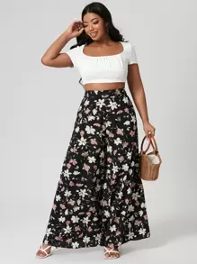 Calvaya Plus Wide Leg Floral Print Trousers - Black - View 3