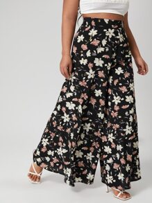 Calvaya Plus Wide Leg Floral Print Trousers - Black - View 4