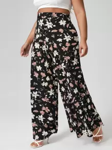 Calvaya Plus Wide Leg Floral Print Trousers - Black - View 5
