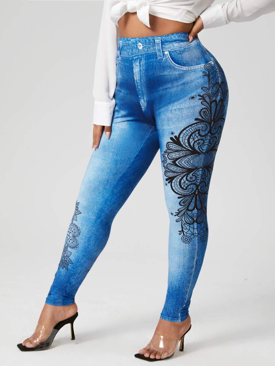 Plus Floral Print Jeggings - Blue - View 1