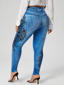 Plus Floral Print Jeggings - Blue - View 2