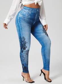 Plus Floral Print Jeggings - Blue - View 3