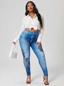 Plus Floral Print Jeggings - Blue - View 5