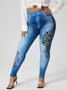 Plus Floral Print Jeggings - Blue - View 6