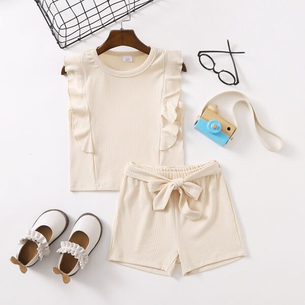 

Toddler Girls Ruffle Trim Tank Top & Belted Shorts, Apricot