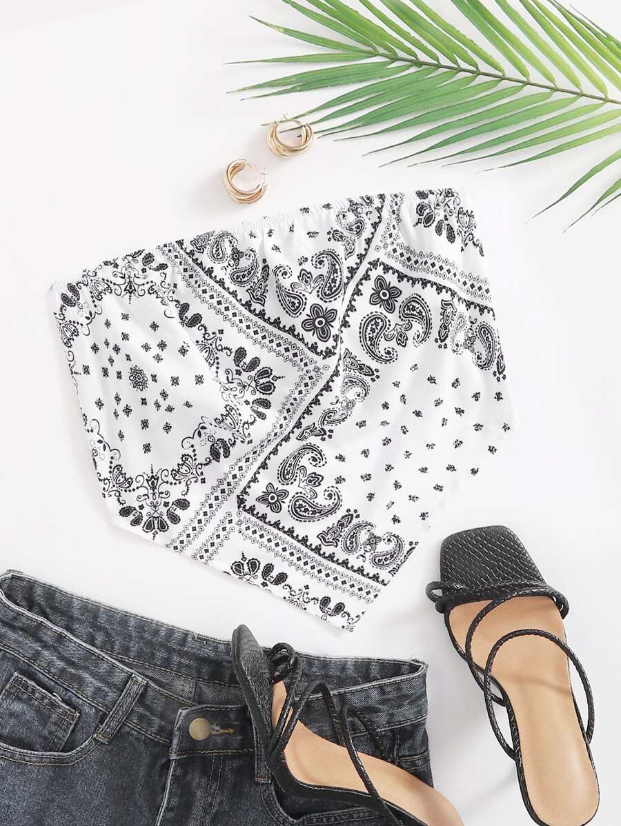 Top pañuelo corto con estampado de paisley - Blanco y Negro - Ver 1