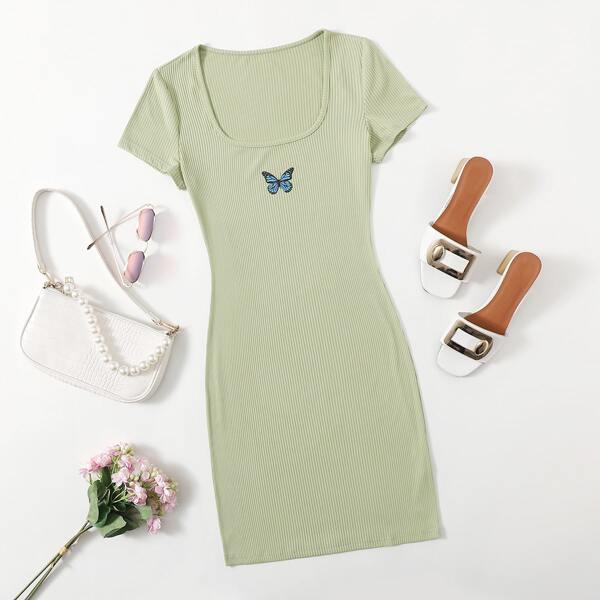 

Scoop Neck Butterfly Print Dress, Mint green