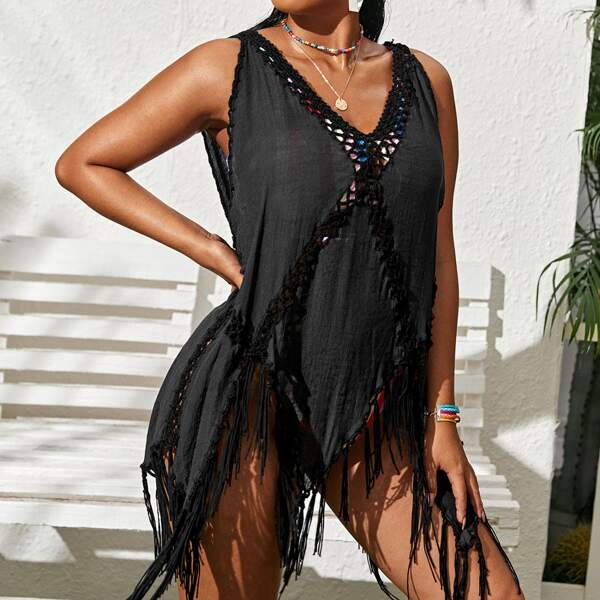 

Plus Fringe Hem Cover Up, Black