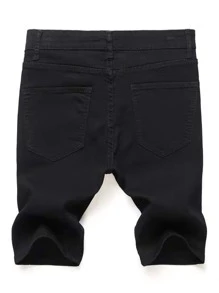 Manfinity Homme 男士素色直腿牛仔短褲 - 黑色 - 查看 2