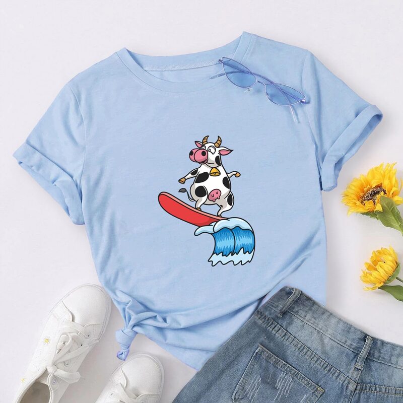 

Cartoon Cow Graphic Tee, Baby blue