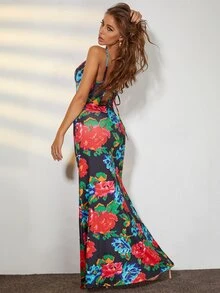 PARTHEA Cowl Neck Tied Backless Floral Dress Hawaiian Dress - Multicolor - View 2