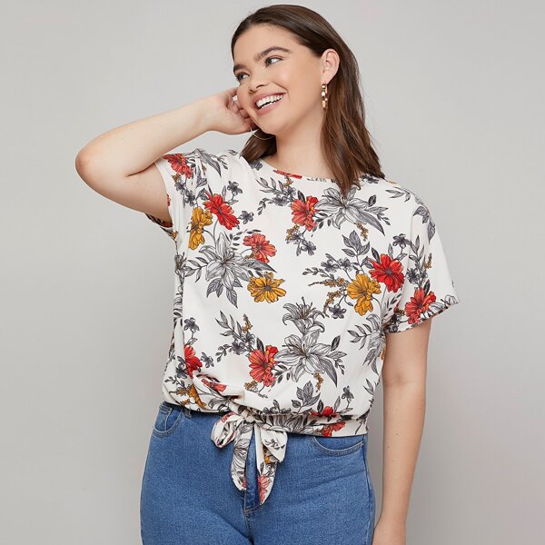 

Plus Tie Hem Floral Top, Multicolor