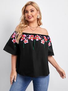 SHEIN Plus Floral Off Shoulder Top - Black - View 2
