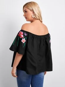 SHEIN Plus Floral Off Shoulder Top - Black - View 3