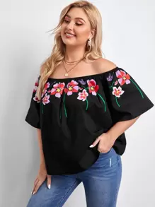 SHEIN Plus Floral Off Shoulder Top - Black - View 1