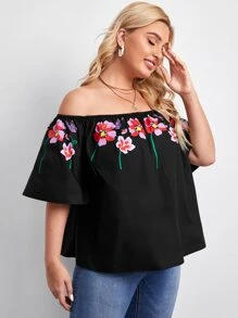SHEIN Plus Floral Off Shoulder Top - Black - View 5