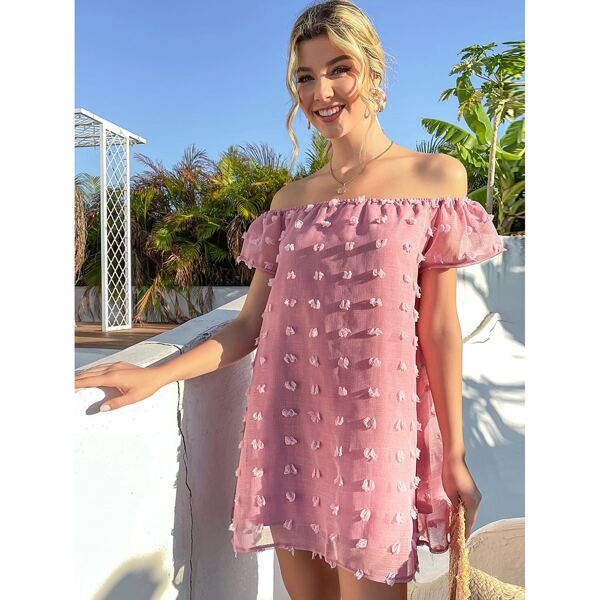

Off-shoulder Swiss Dot Tunic Dress, Dusty pink