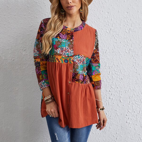 

Floral & Paisley Print Longline Blouse, Multicolor