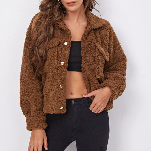 

Teddy Flap Pocket Raglan Sleeve Jacket, Brown