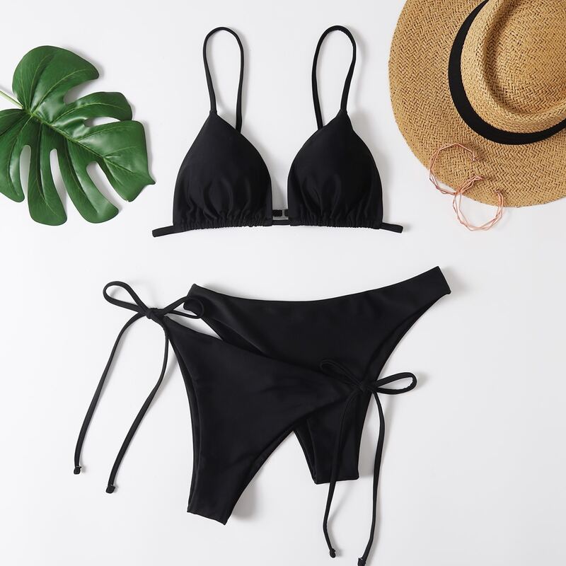 

3pack Solid Tie Side Bikini Swimsuit, Black