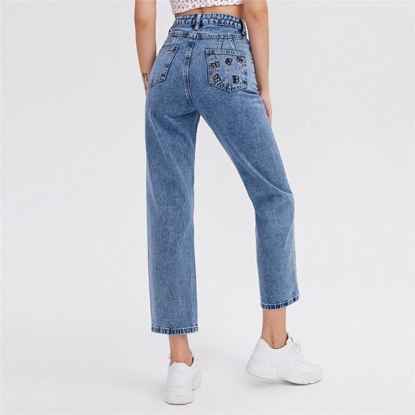 

High Waist Butterfly Embroidery Straight Leg Jeans, Medium wash