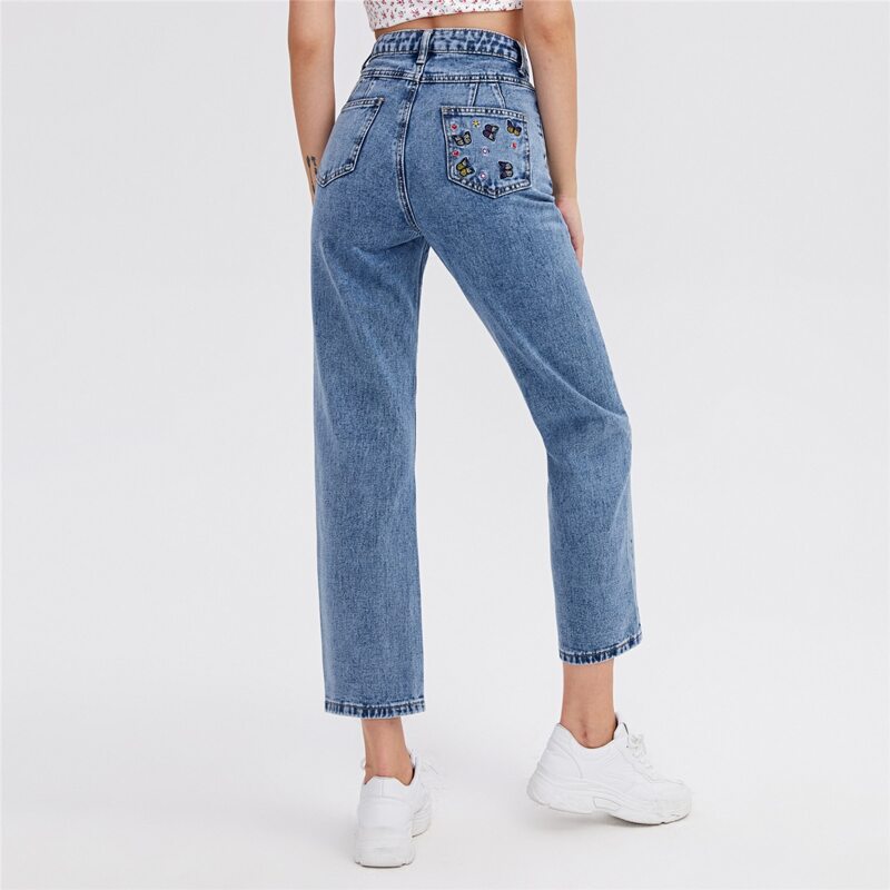 

High Waist Butterfly Embroidery Straight Leg Jeans, Medium wash