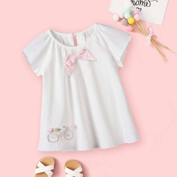 

Baby Girl Embroidery Bow Detail Tee, White