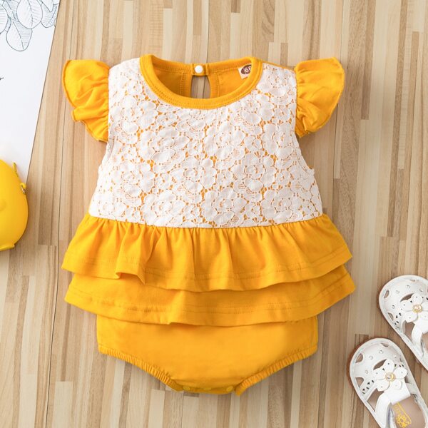 

Baby Girl Contrast Lace Panel Layered Ruffle Bodysuit, Yellow