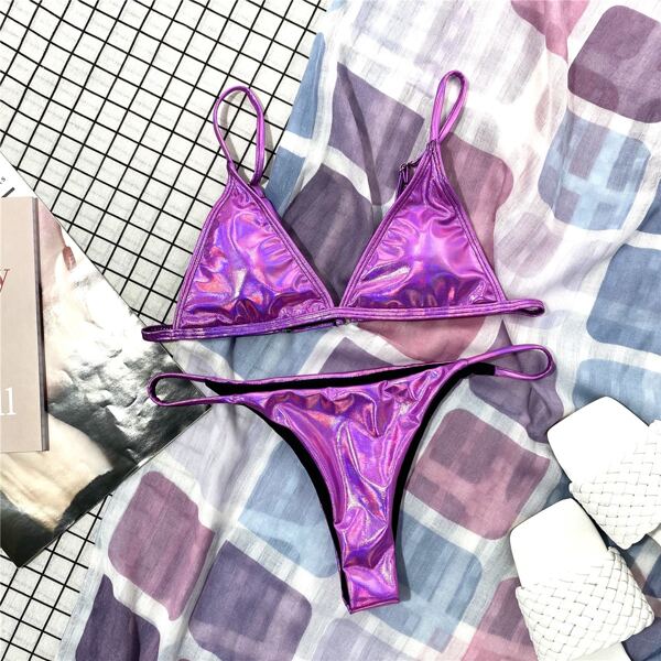 

Metallic Triangle Thong Bikini Swimsuit, Purple