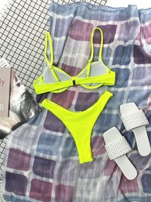 SHEIN Swim 夏季海灘霓虹青檸紋理帶鋼圈比基尼套裝泳衣 - 青檸色 - 查看 2