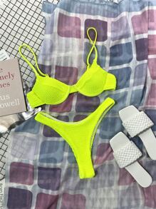 SHEIN Swim 夏季海灘霓虹青檸紋理帶鋼圈比基尼套裝泳衣 - 青檸色 - 查看 4