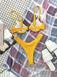 Textured Underwire High Cut Bikini Set - Orange - View 2