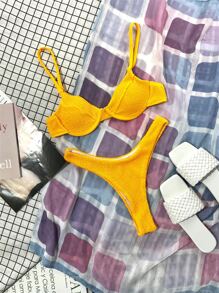 Textured Underwire High Cut Bikini Set - Orange - View 3