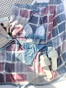 Rib Lettuce Trim Tie Side Bikini Set,Summer Beach - Baby Blue - View 2