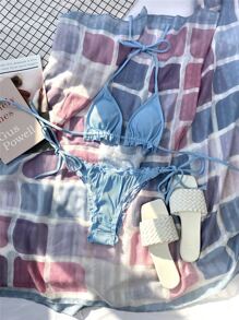 Rib Lettuce Trim Tie Side Bikini Set,Summer Beach - Baby Blue - View 4