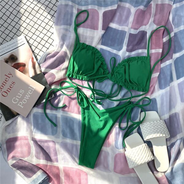 

Frill Trim Triangle Tie Side Bikini Swimsuit, Green
