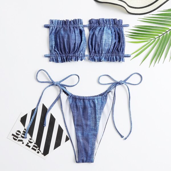 

Frill Trim Bandeau Thong Bikini Swimsuit, Blue