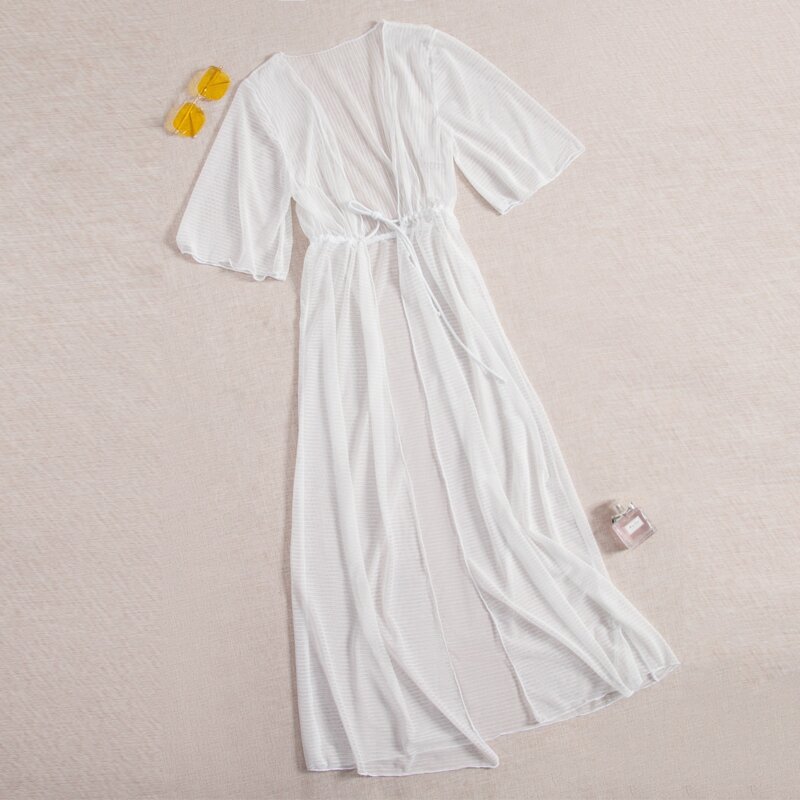 

Tie Waist Sheer Mesh Long Kimono, White