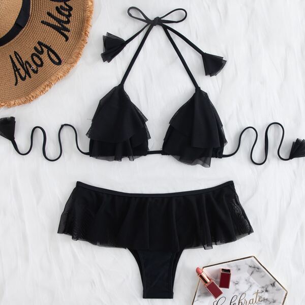 

Mesh Ruffle Halter Bikini Swimsuit, Black
