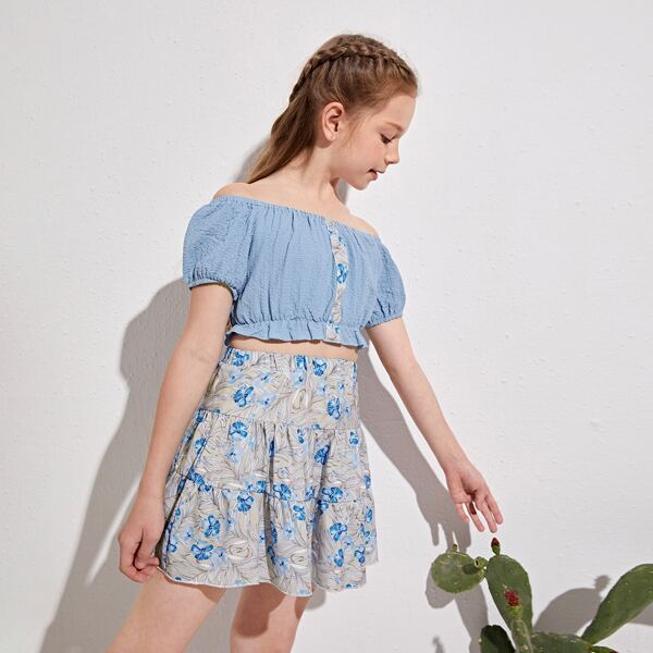 

Girls Off Shoulder Frilled Top & Ruffle Hem Floral Skirt Set, Multicolor