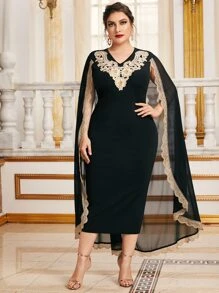 Modelyn Plus Applique Detail Split Hem Cape Dress - Black - View 2
