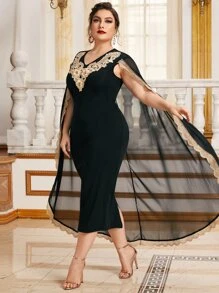 Modelyn Plus Applique Detail Split Hem Cape Dress - Black - View 1