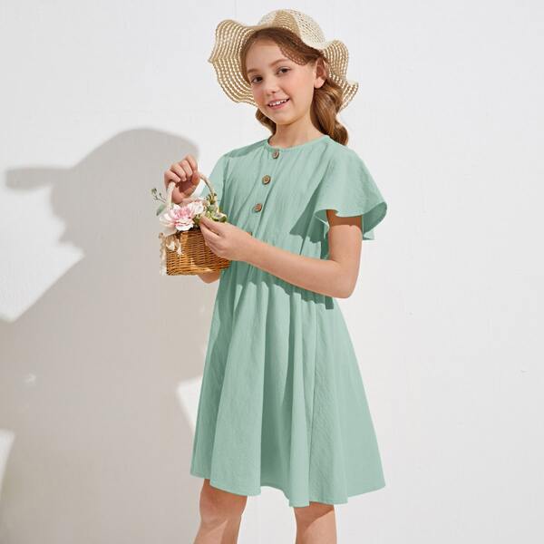 

Girls Button Front Butterfly Sleeve Dress, Mint green